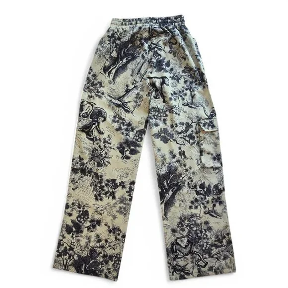 Face Fashion Toile Print Wide-Leg Pants Elastic Waist Cotton Blend Beige/Blue - Picture 2 of 11